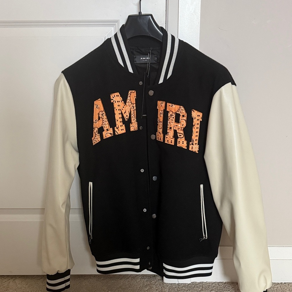 AMIRI Black and Cream Varsity Jacket with Orange Accents